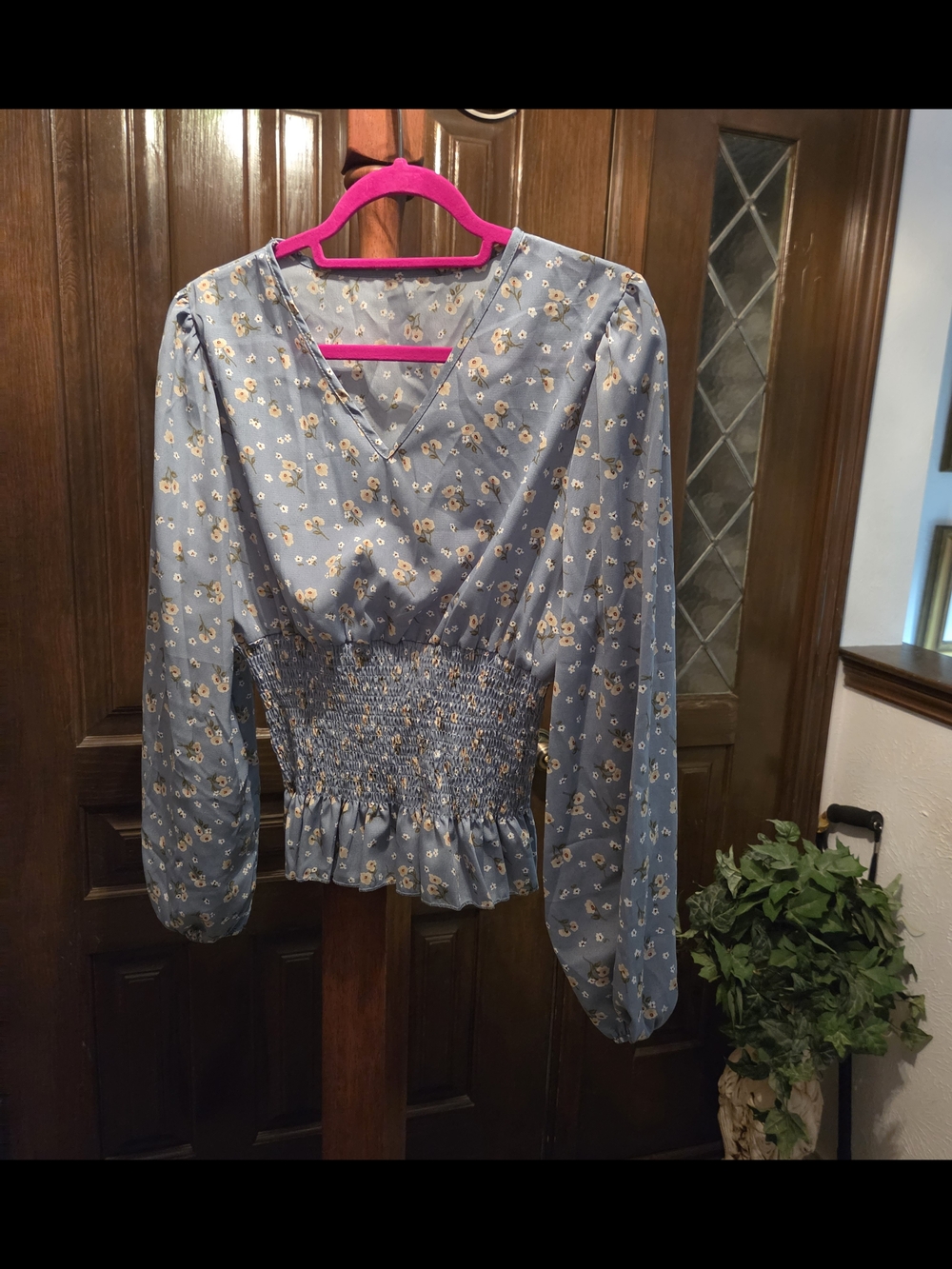 Floral Smocked-Waist V-Neck Blouse - Blue